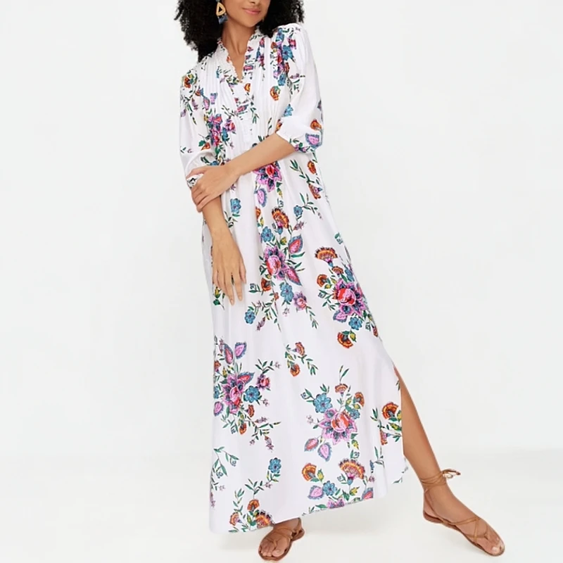 葭恩气质时尚珍珠白彩虹花束图案含吊带长款连衣裙0179