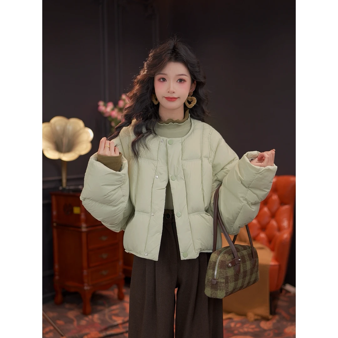 思思复古 短款纯色羽绒外套冬季加厚单排扣开衫羽绒服#A14994