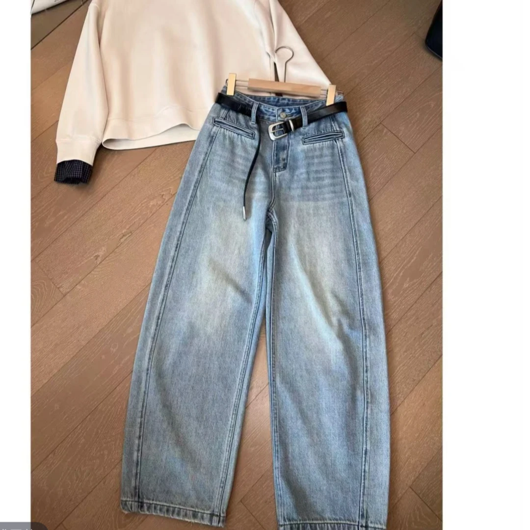 【Wan.Zi 】2025春一字口袋双裤线立体宽弯刀百搭牛仔裤