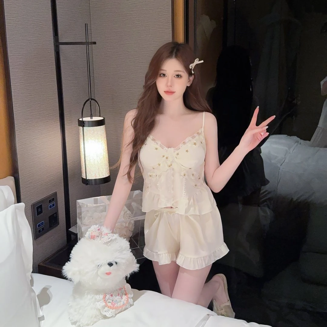 丝【--恋人】新款小清新吊带短裤睡衣欧若风甜美家居服附胸垫