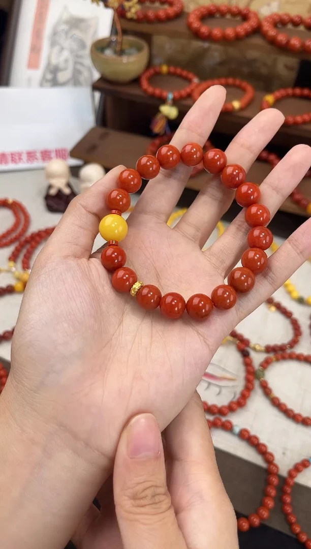 未镶嵌手串南红玛瑙柿子红满色满肉单圈蜜蜡QF-A482（多样性发一）