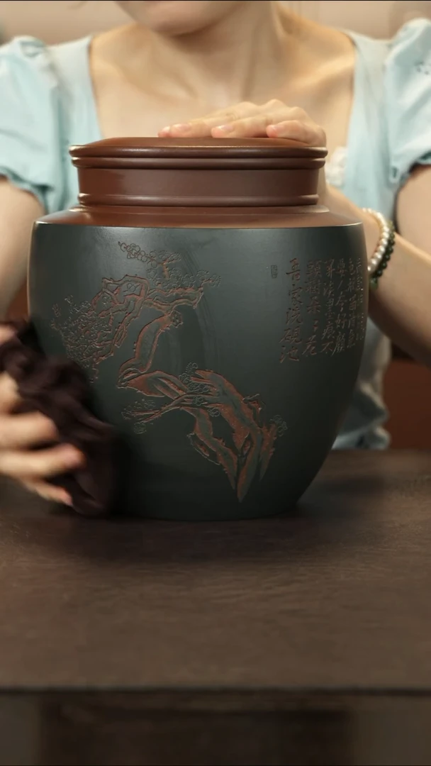 紫砂茶叶罐直播福利粉浆刻梅茶叶罐