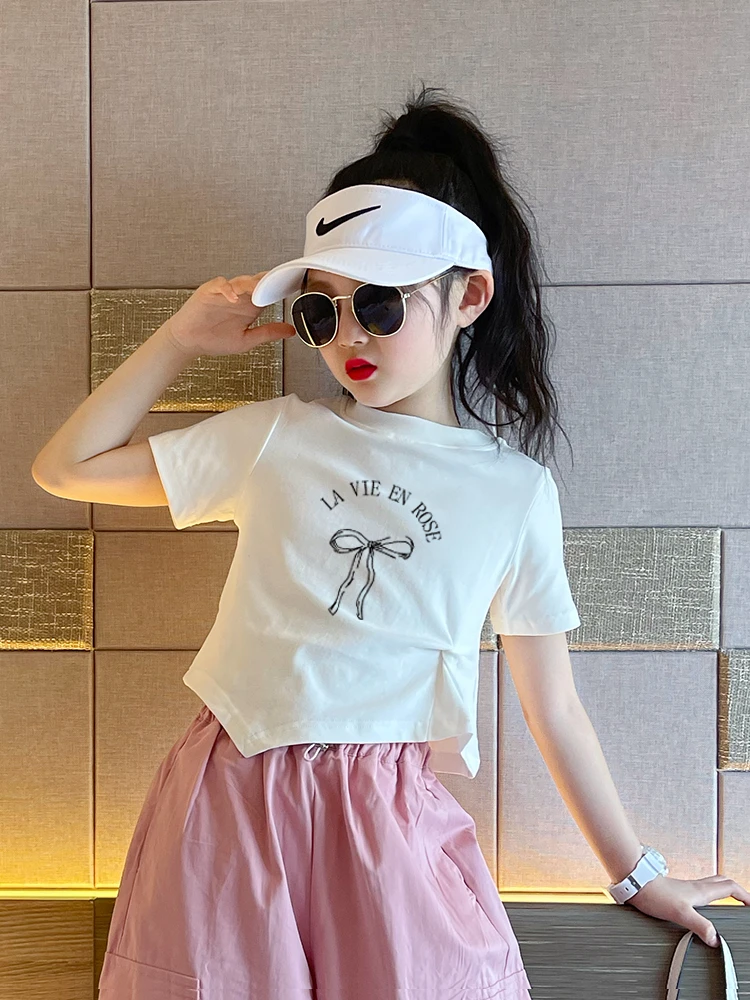 2025新款夏装短款白色短袖女孩不规则短款T恤中大童时髦休闲上衣