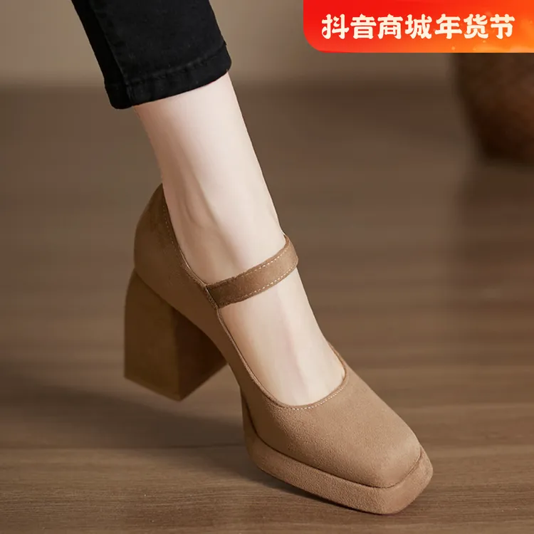 小个子手工女鞋11cm~不累脚高跟鞋圆头防水台一字扣带绒面单鞋女