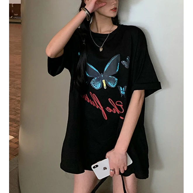 美式下衣失踪黑色大版短袖t恤女2025夏季新款洋气蝴蝶宽松中长款
