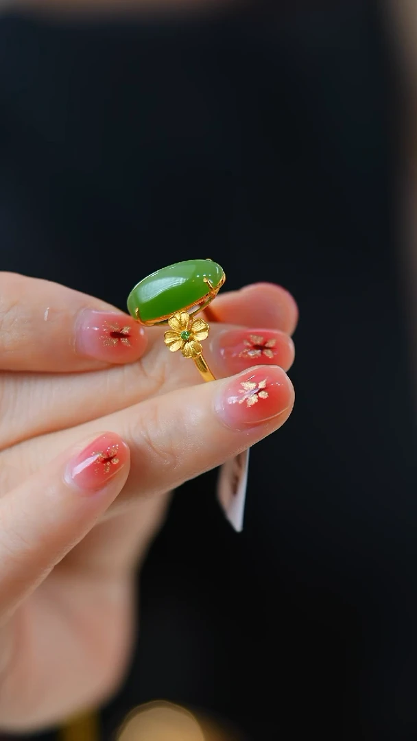 18K金镶嵌戒指和田玉猫眼旦面戒指HNZ14353