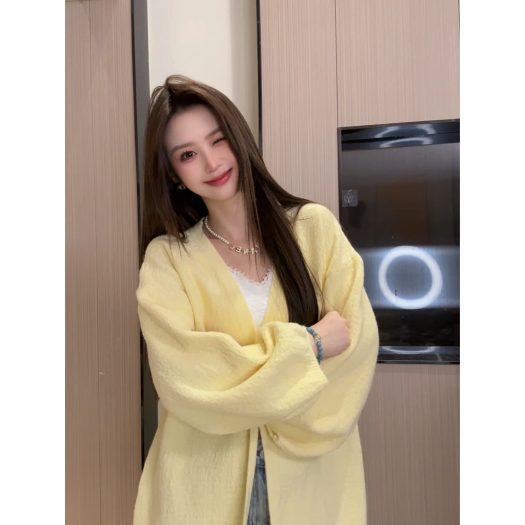 春秋慵懒风针织外搭无扣开衫女粗针设计感洋气灯笼袖外穿外套女装