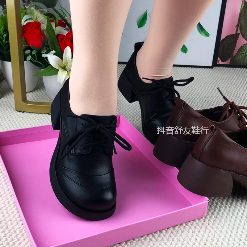 牛皮单鞋女2025春季新款真皮粗跟低跟女鞋妈妈鞋系带单鞋乐福鞋子