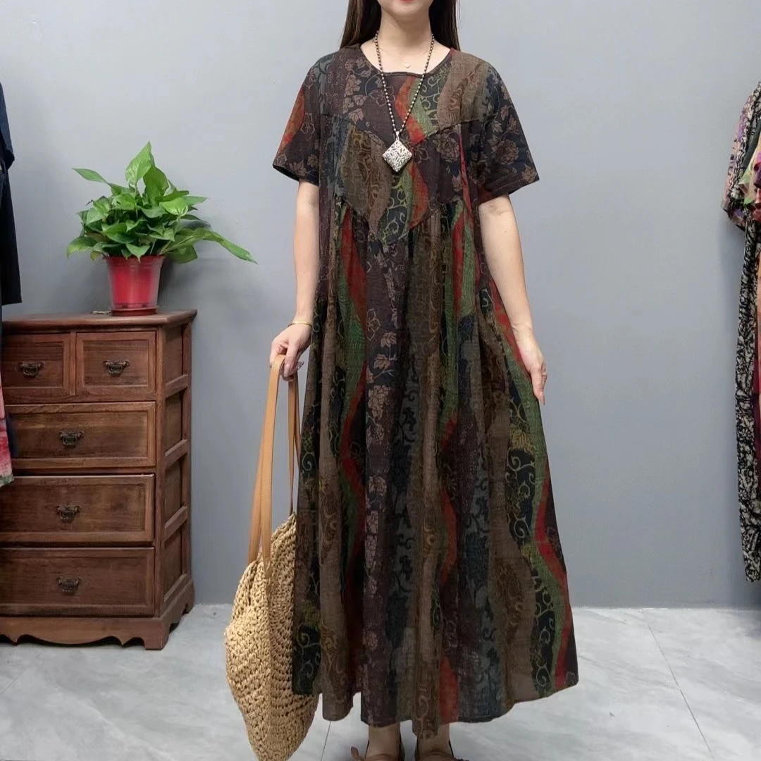 3263新款夏季长款气质时尚复古遮肚宽松圆领显瘦百搭休闲连衣裙