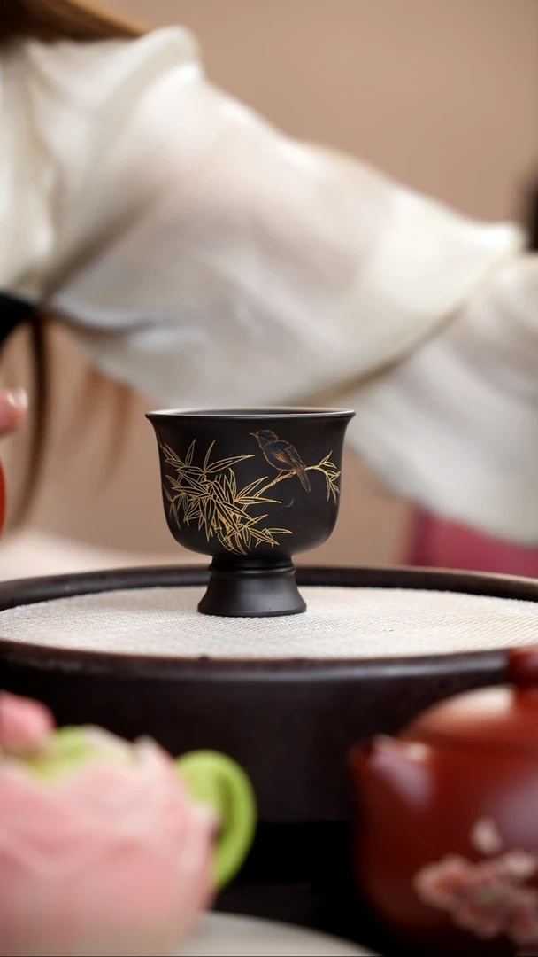 茶壶紫砂捂灰朱泥高脚杯金竹鸟