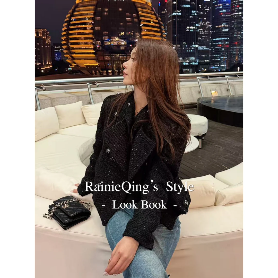 RainieQing【慕尼黑晴】轻奢精致亮片双排扣短款呢子外套女冬