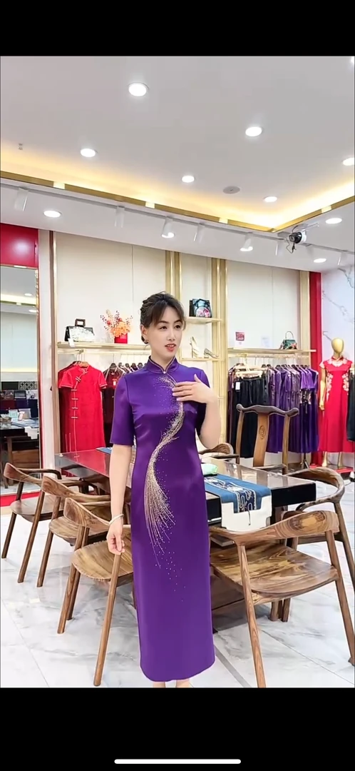 法式中长裙烫钻长旗袍旗袍走秀优雅紫色miu系大小姐