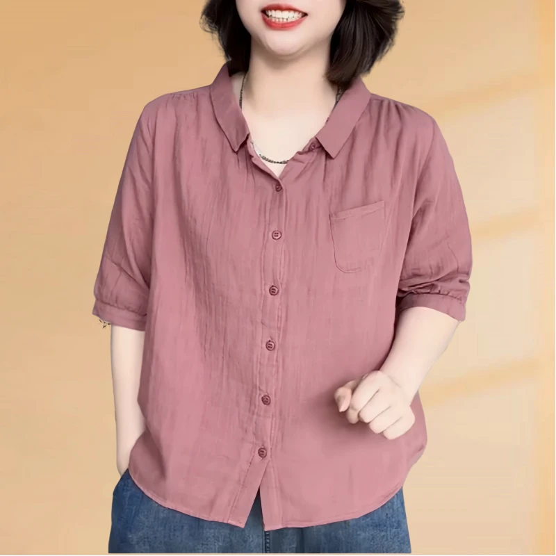 薄款丝棉女士衬衫2025夏季新款复古纯色翻领短袖宽松显瘦开衫上衣