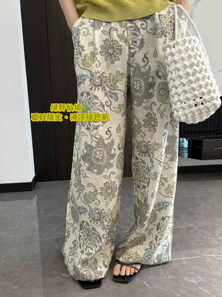 复古印花拖地阔腿裤女欧洲站2025夏款欧货直筒休闲裤潮-695