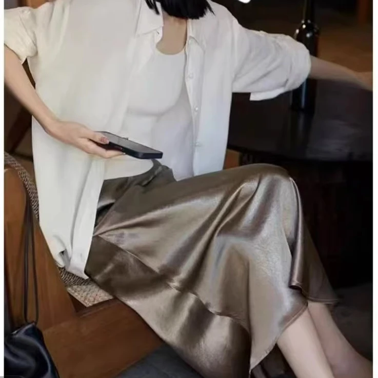 【运费险+松紧腰】珠光缎面半裙女2025新款气质修身显瘦高腰A字长裙