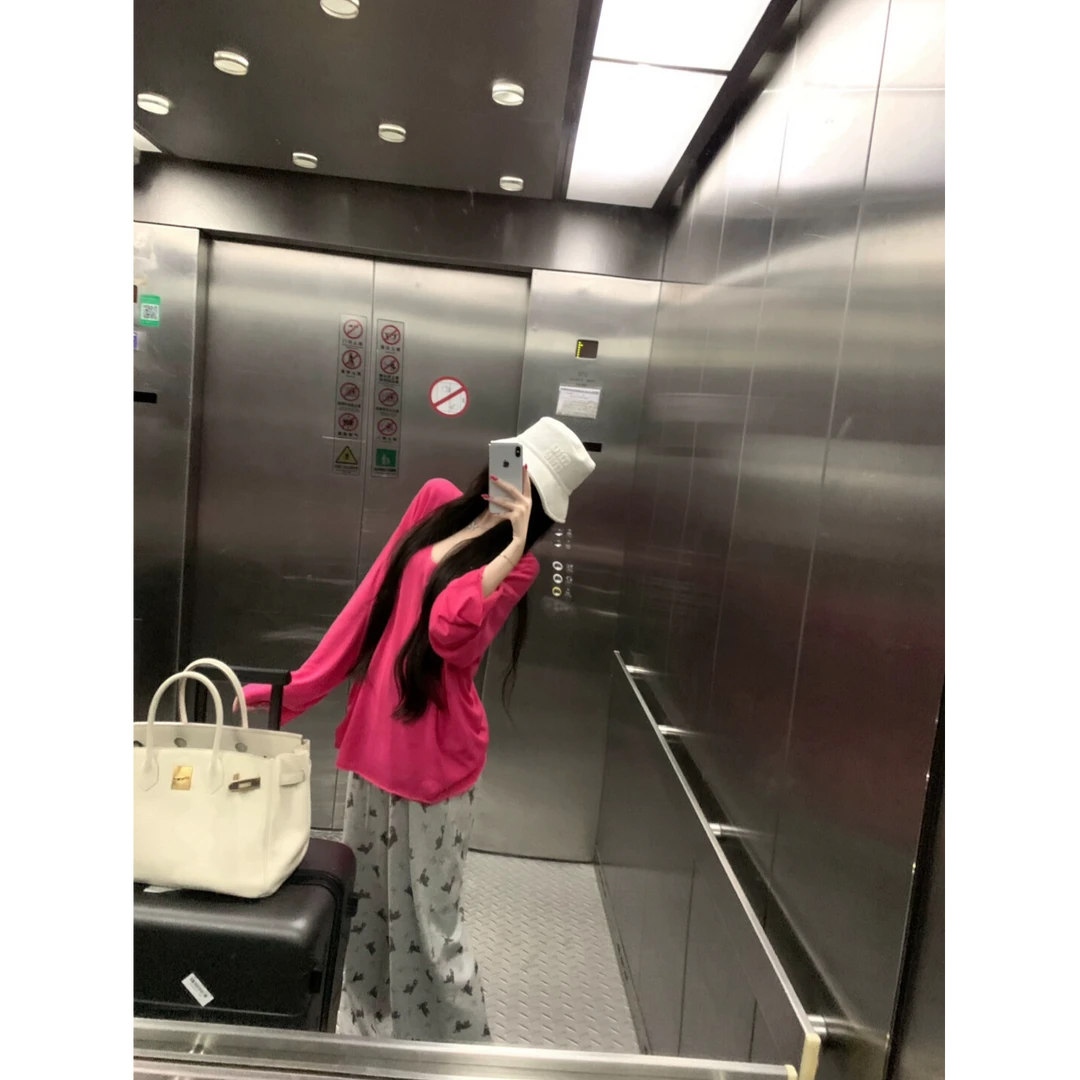 自在松弛感玫粉色长袖慵懒风T恤上衣猫咪印花直筒长裤宽松套装女
