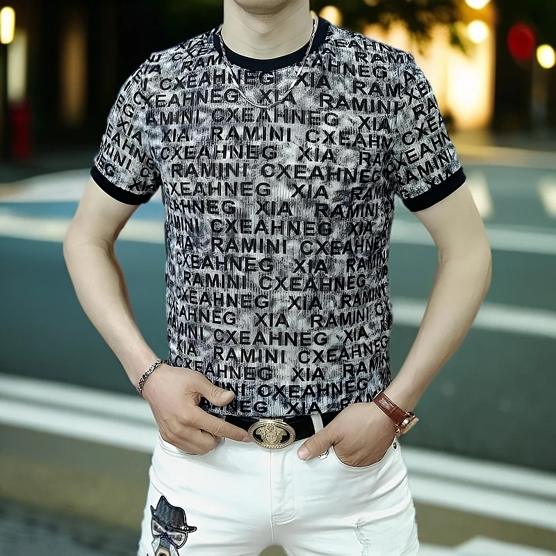 圆领夏季短袖透气男士T恤男装印花轻奢弹力百搭上衣修身男士休闲