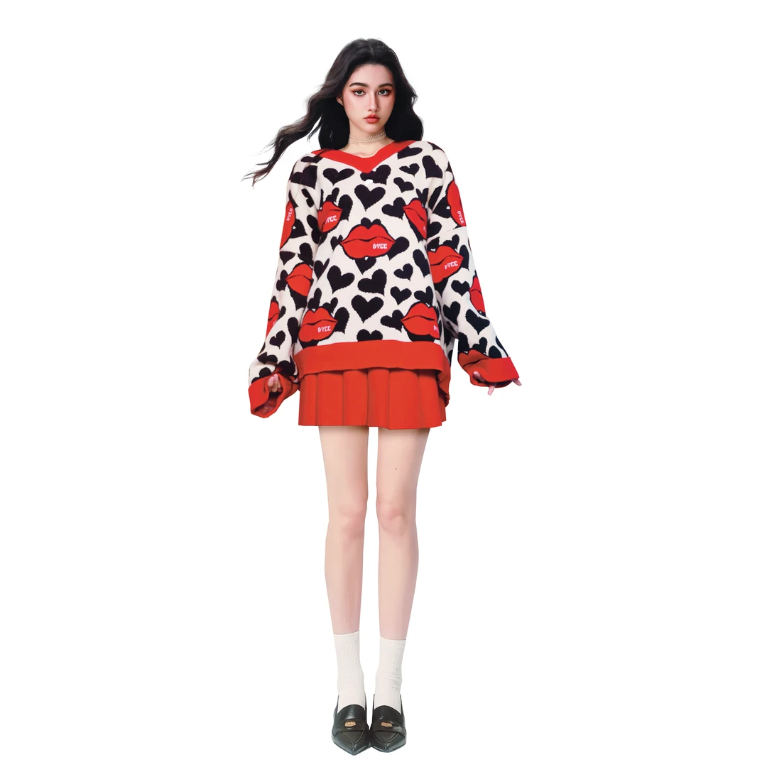 V领爱心大嘴唇毛衣