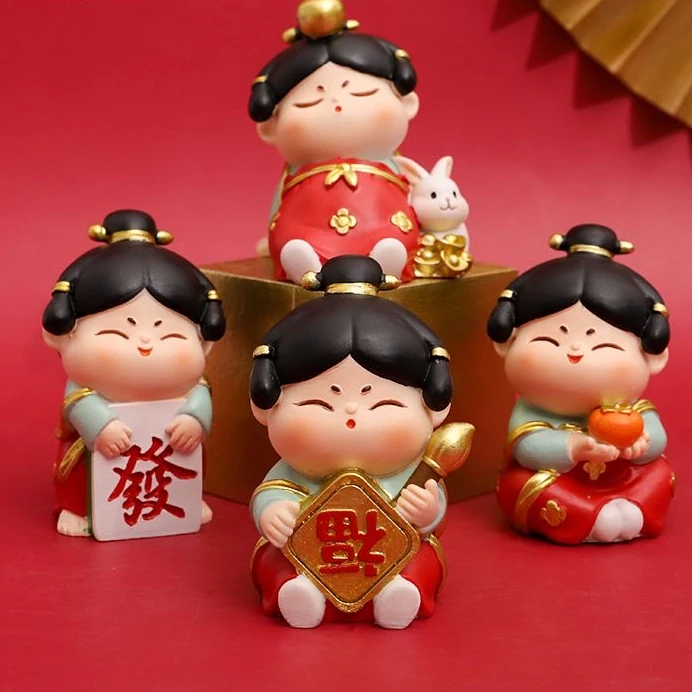 新中式红色喜庆唐朝古风女孩家居桌面蛋糕装饰品车载内饰汽车摆件