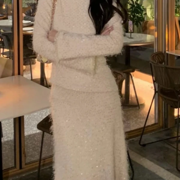 【星屑流光】刺绣毛绒感时尚百搭款显瘦细闪流光粉套装