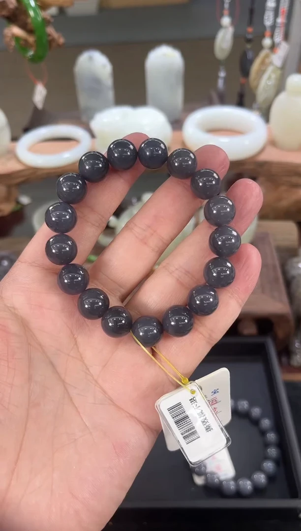 【闪购商品】和田玉手串未镶嵌卡12青海烟紫圆珠B多样性发一