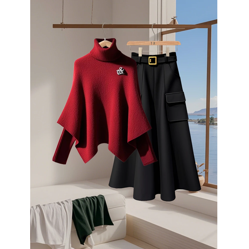 秋冬新款流行时尚潮牌女装红色假两件毛衣高端精致气质百搭半身裙