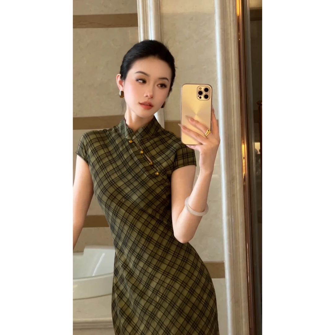 裁一2025新品经典格子斜裁旗袍连衣裙25-27