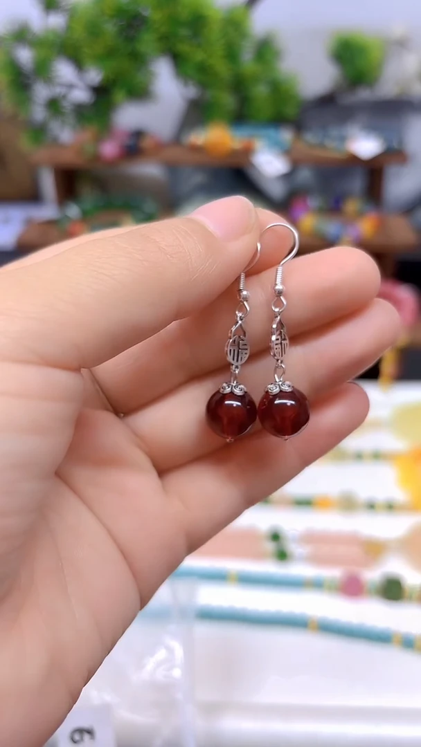 银S925镶嵌血珀耳饰DIY款E576