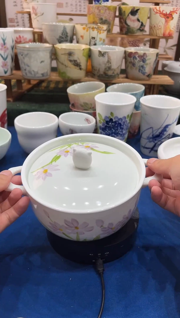 瓷片景德镇高温釉下手工手绘高白泥陶瓷双耳炖锅