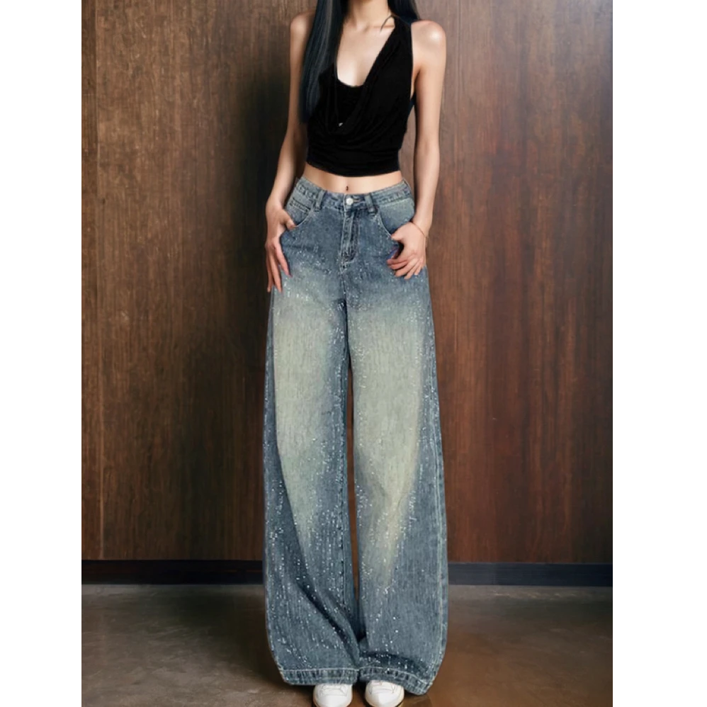 满天星河烫钻阔腿牛仔裤女2025秋季新款高腰宽松显瘦高级感拖地裤