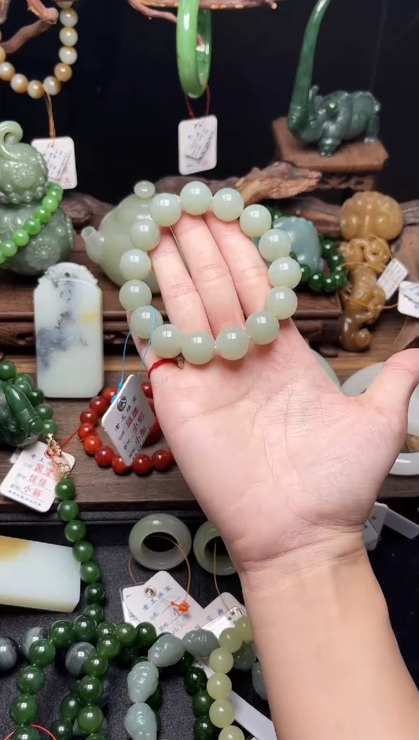 手串未镶嵌和田玉卡14且末青白 圆珠9006099