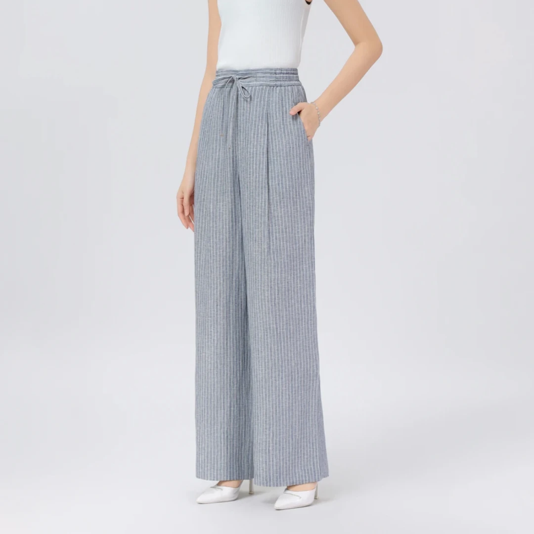 GIRDEAR/哥弟春日直筒条纹高腰系带女款长裤显瘦亚麻阔腿裤110002