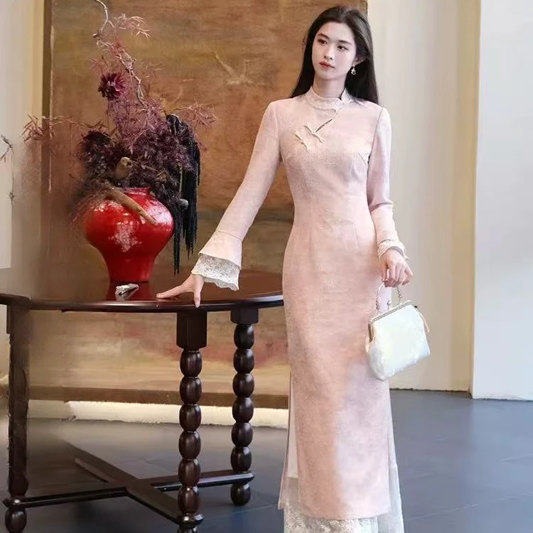 旗袍印花日常网红复古高开衩长袖修身长裙立领