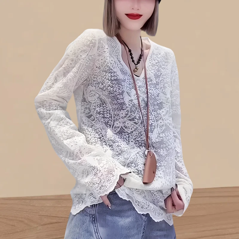 韩温柔风V领蕾丝钩花打底衫女2025春新轻奢气场强大女装洋气休闲