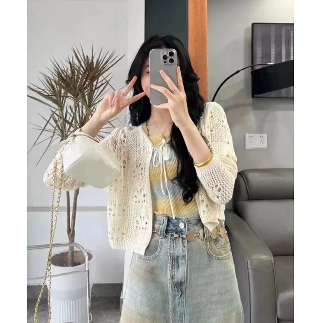 福利--拍下选择编码--薄款镂空百搭短款针织时尚设计感开衫外套女