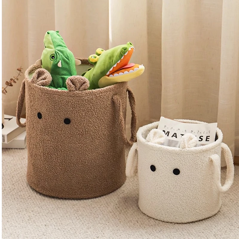 客厅卧室羊羔毛储物筐篮衣物玩具收纳桶可爱卡通双提手家用大容量
