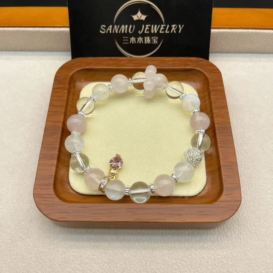 60天然水晶手串粉水晶蓝月光白水晶女生手串原创设计款