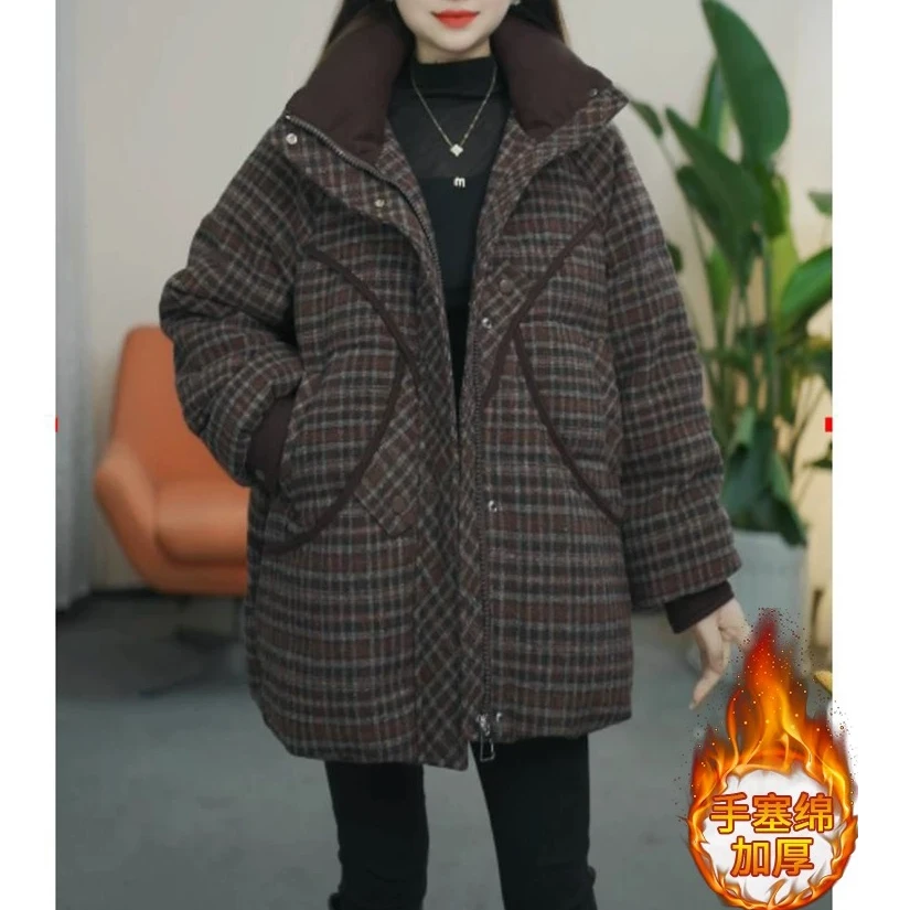 韩版时尚格子中长款棉服外套女冬2024新款休闲保暖加厚棉衣棉袄1