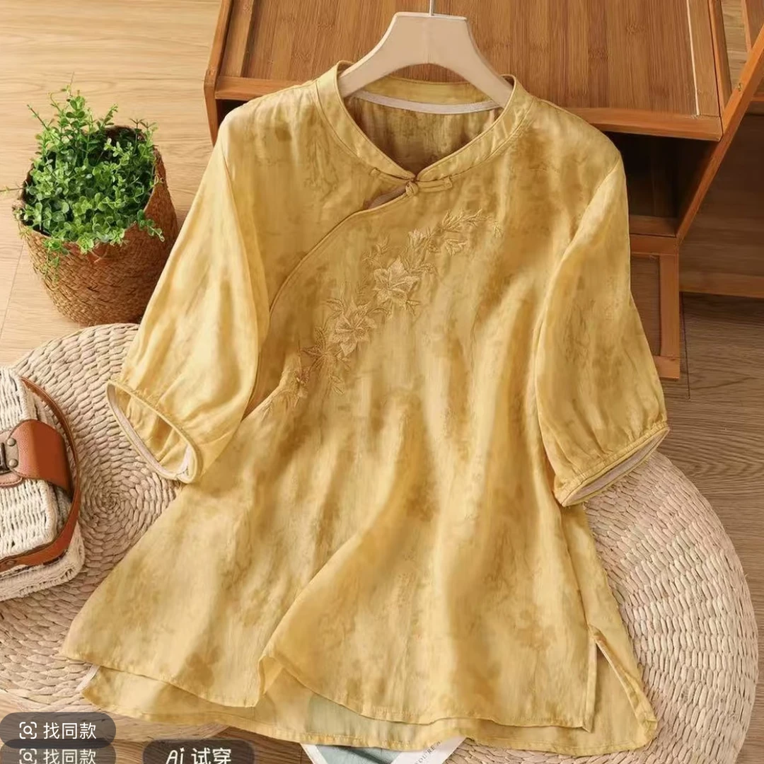 2025夏装新款新中式国风花衬衫女复古斜襟盘扣 茶服上衣