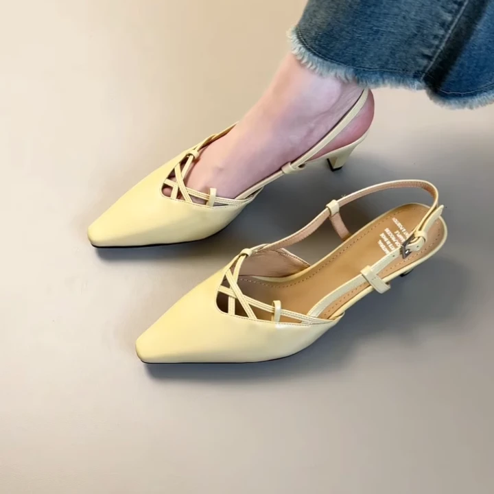 Pokoy-5cm法式复古方头镂空包头凉鞋女新款百搭粗跟后空凉拖鞋