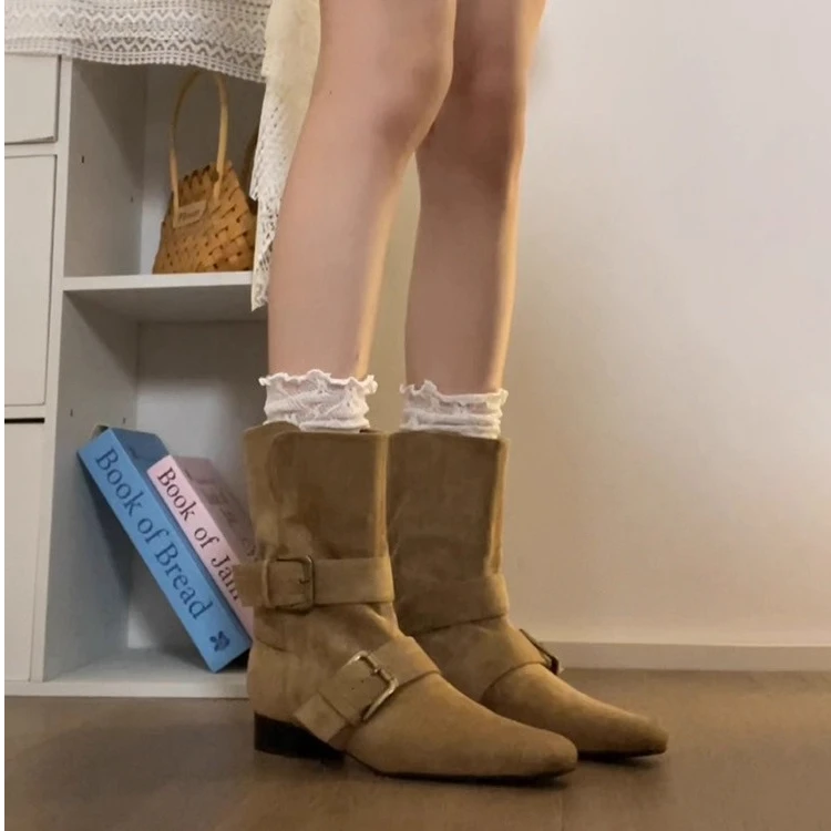 2025韩版新款小众设计复古法式短靴小方头西部靴麂皮中筒靴女靴子