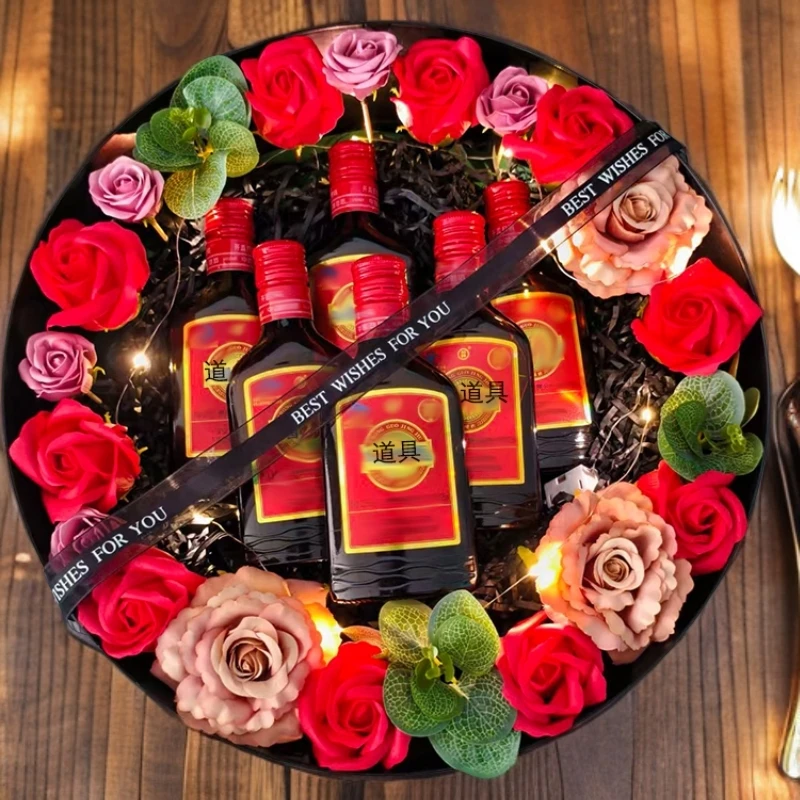 情人节圣诞节圆形礼盒玫瑰永生花成品装烟装酒送闺蜜老公生日礼物