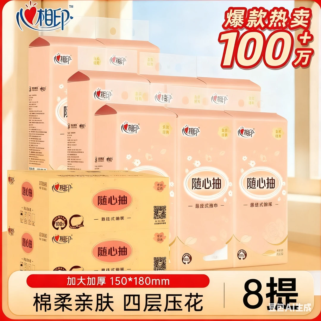 心相印抽纸悬挂式4层320抽8提随心抽餐巾卫生擦手纸大尺寸挂抽