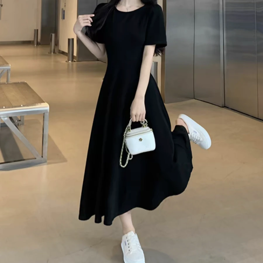 大码女装2025夏季新款胖mm遮肚子显瘦收腰洋气减龄黑色t恤连衣裙