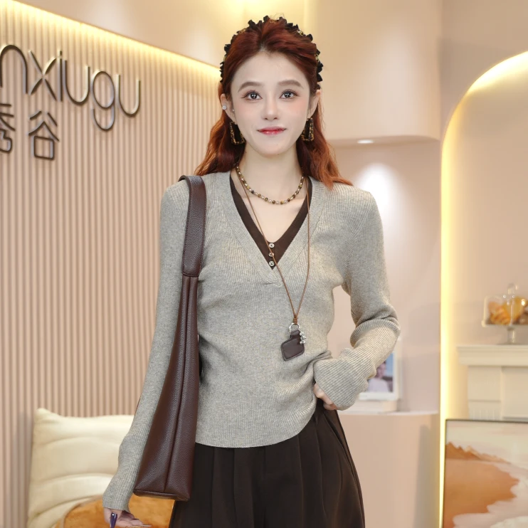 气质假两件针织打底衫女2025秋冬百搭T恤女内搭洋气上衣潮Y2902