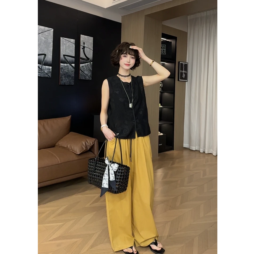 清货价【薇薇绮】国风刺绣单排扣马甲搭松紧腰阔腿裤两件套 D456