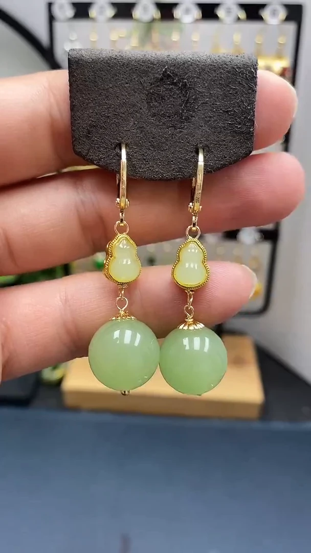 和田玉银S925镀金镶嵌耳饰尺寸14mm耳扣Z1