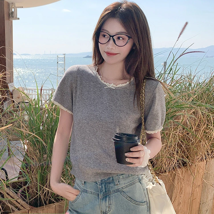蕾丝边拼接时尚短袖针织衫T恤女2025春新品小个子百搭显瘦上衣