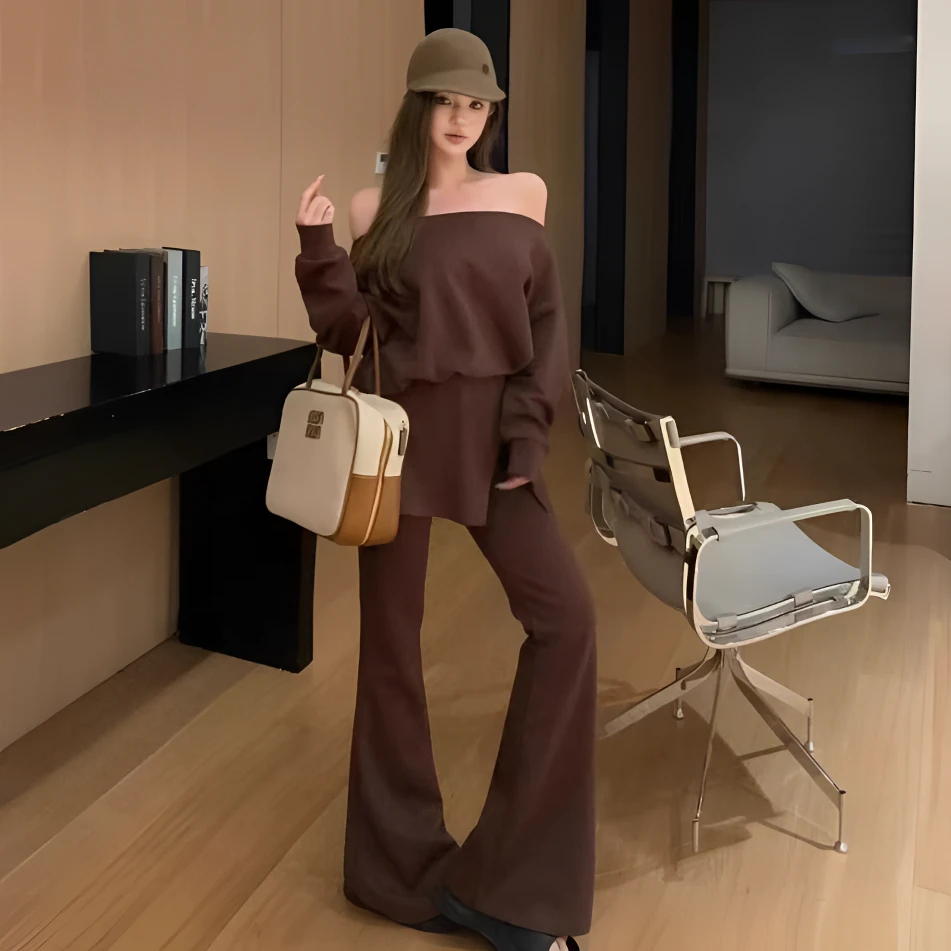 点点家女装早秋显瘦斜肩套装斜肩一字肩卫衣高腰阔腿喇叭裤两件套