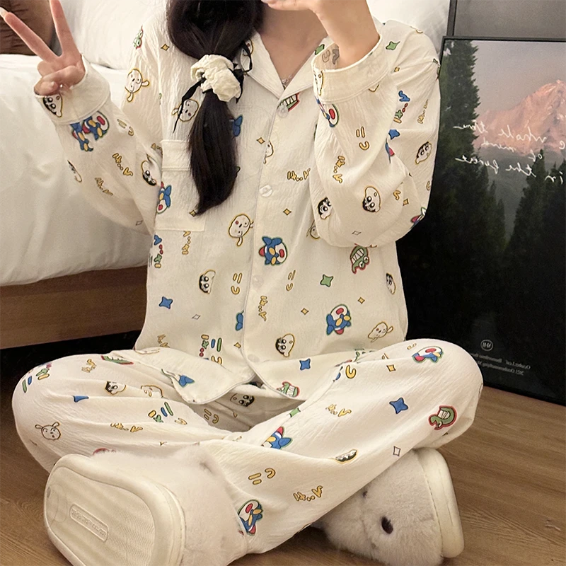 可爱蜡笔小新睡衣女春秋季长袖云朵棉宽松网红风可外穿家居服套装